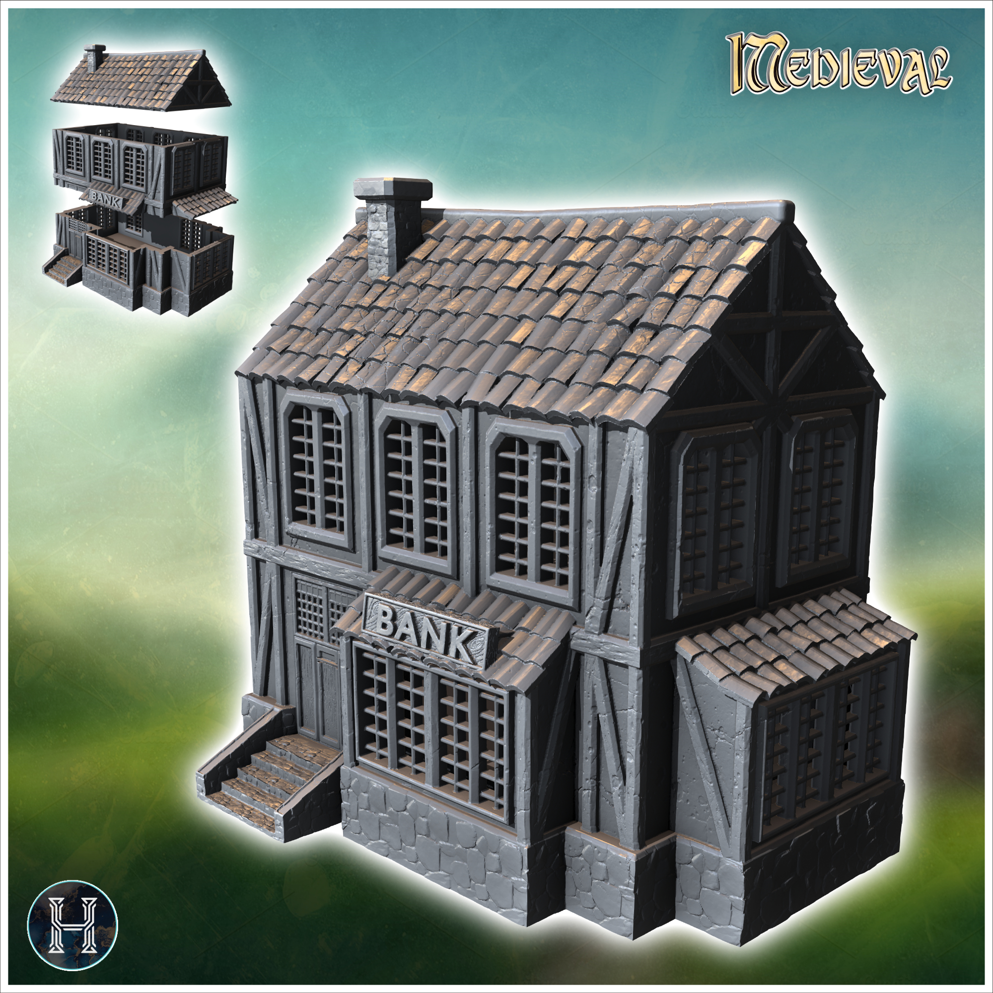 Medieval bank building with a stone base, wooden upper floors, and a shingled roof (2) - Medieval Gothic Feudal Old Archaic Saga 28mm 15mm RPG